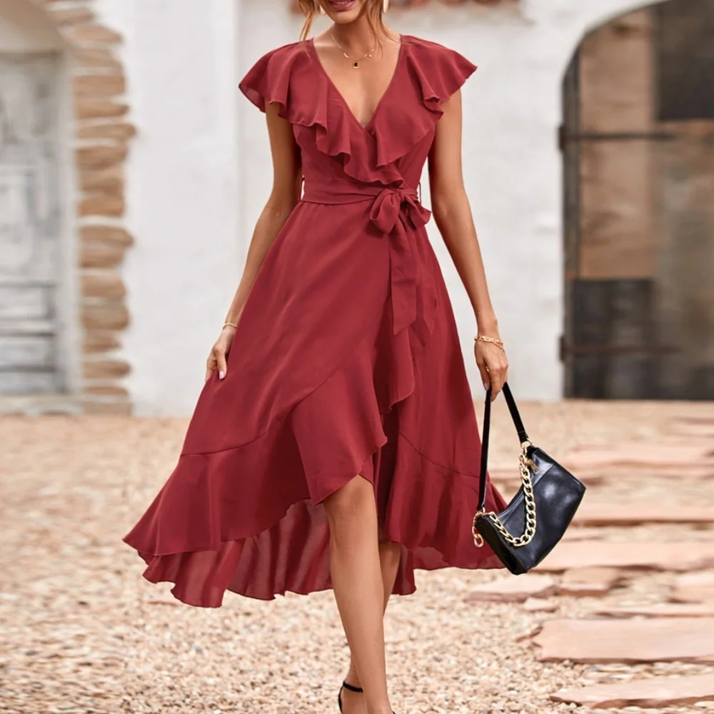 Boho Navy Blue  ruffle hem wrap belted Maxi Dress - Picture 9 of 13